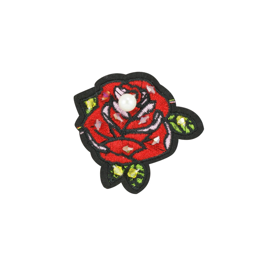 Аппликация пришивная стразы Роза с жемчужиной 60*55 мм красно-зелено-розовая, шт. Аппликации Пришивные Стразы, Бисер, Металл